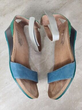 Naot PIXIE Blue Green Silver Pewter Colorblock Leather Wedge Sandals 9